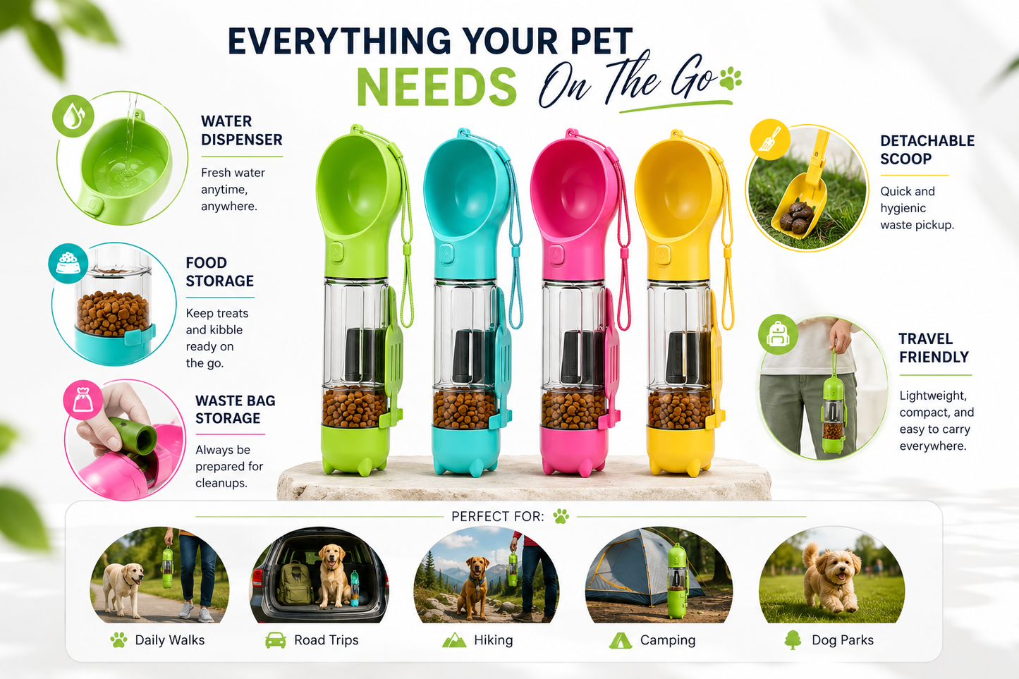 5-in-1 Pet Travel Bottle with Food & Waste Storage