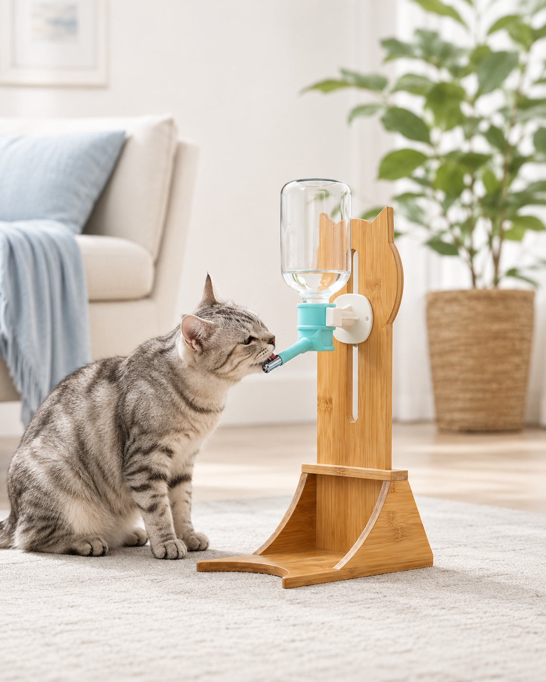 Elevated Cat Water Dispenser with Bamboo Stand